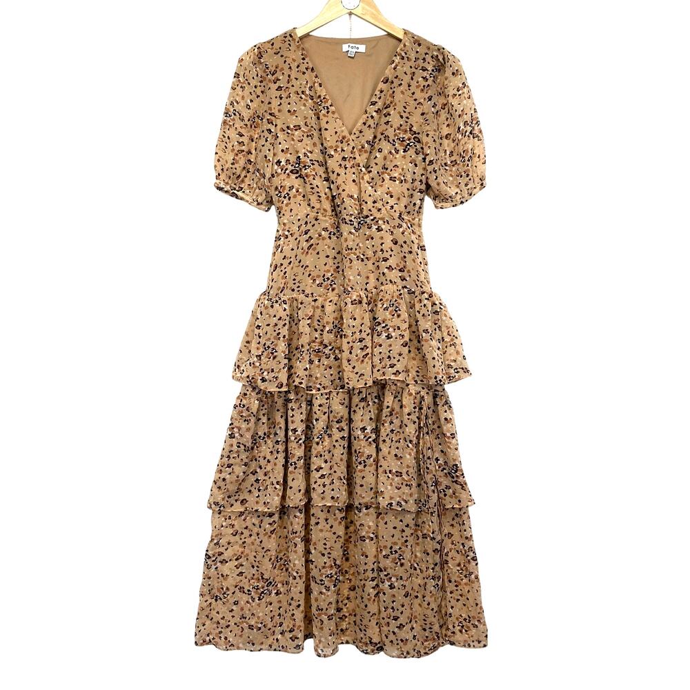 FATE Animal Print Tiered Ruffle Dress Taupe Leopard Chiffon Fall Neutral Size XS